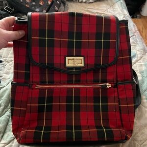 Red Plaid Backpack with Gold Accents